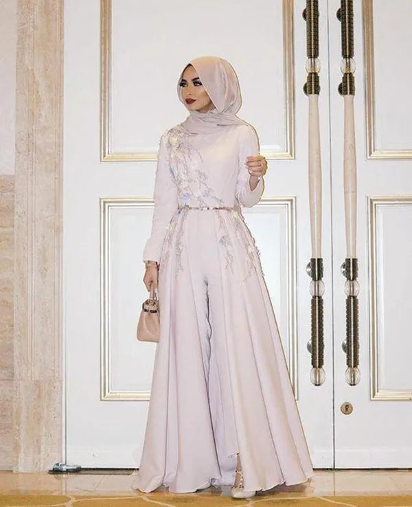 Long Sleeve Muslim Evening Dress Embroidery robe soiree Islamic Dubai Hijab Evening Gowns Pantsuit Formal Prom Dress