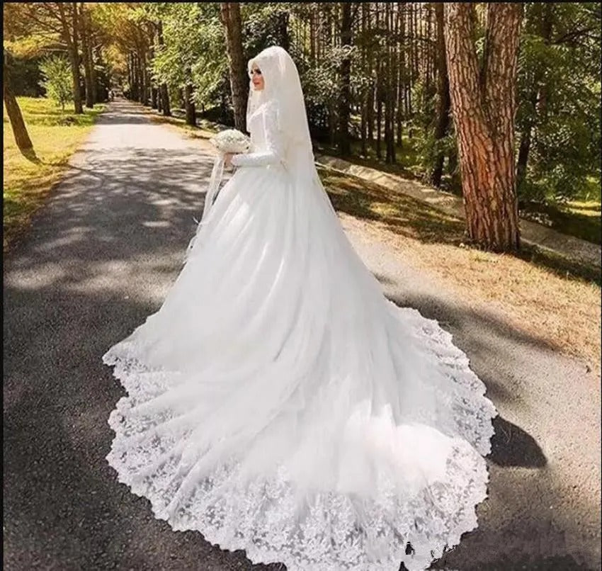 Vinca sunny Muslim Wedding Dresses Long Sleeve De Noiva Robe De Mariage Arabic Luxury Long Trail Lace Bridal Dress Wedding Gown