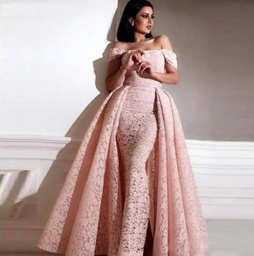 Lace Pink Moroccan caftan Off The Should Evening Dress With Detachable Train Sexy Formal Party Dress