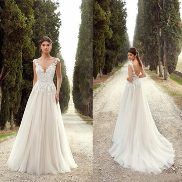 Sexy Elegant V-Neck Wedding Dress A-Line with Lace Appliques Backless Cap Sleeve Brush Train Bride Gown Simple Vestidos de novia