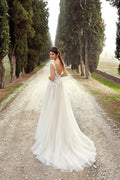 Sexy Elegant V-Neck Wedding Dress A-Line with Lace Appliques Backless Cap Sleeve Brush Train Bride Gown Simple Vestidos de novia