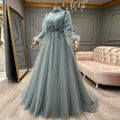 Dusty Blue Long Sleeve Muslim Evening Gowns A Line Tulle Beading Flowers Elegant Arabic Dubai Formal Prom Dresses Robe De Mariée