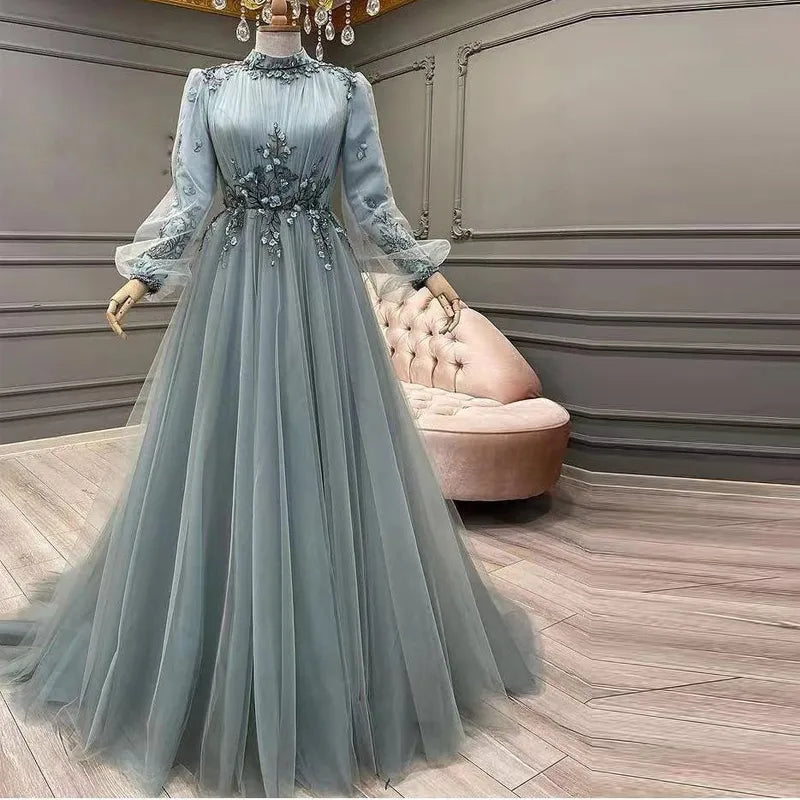 Dusty Blue Long Sleeve Muslim Evening Gowns A Line Tulle Beading Flowers Elegant Arabic Dubai Formal Prom Dresses Robe De Mariée