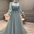 Dusty Blue Long Sleeve Muslim Evening Gowns A Line Tulle Beading Flowers Elegant Arabic Dubai Formal Prom Dresses Robe De Mariée