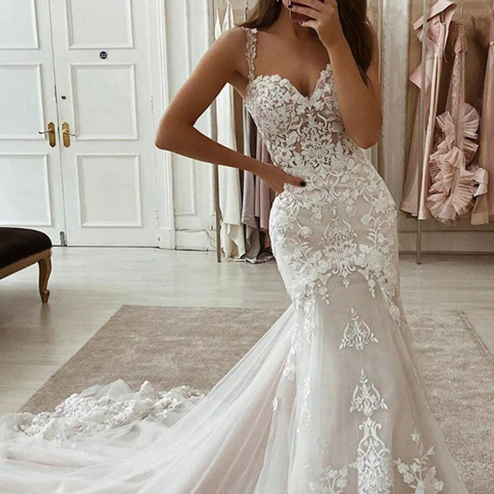 Lace Mermaid Long Wedding Dress For Bride To Be Spaghetti Straps Sweetheart Bride Dresses Court Train Vestidos De Novia