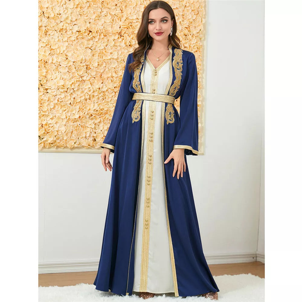 Muslim Fashion Two Piece Jilbab Robe Appliques Winter Abaya And Vest Long Dress Overgarments Islamic Women Moroccan Caftan