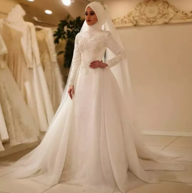 New Vestido De Noiva Elegant Long Sleeve O Neck Muslim Wedding Dresses Tulle Zipper Back Lace Islamic Wedding Gowns Ivory