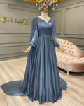 Dusty Blue Long Sleeve Muslim Evening Gowns New Prom Beaded Lace A Line Chiffon Elegant Arabic Women Formal Party Dress