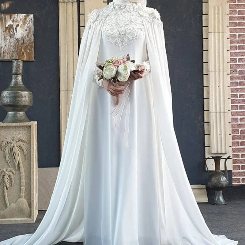 Muslim Robe De Mariée Wedding Dresses for Women A-Line Chiffon High Neck Lace Flowers Dubai Arabic Bridal Gowns with Hijab