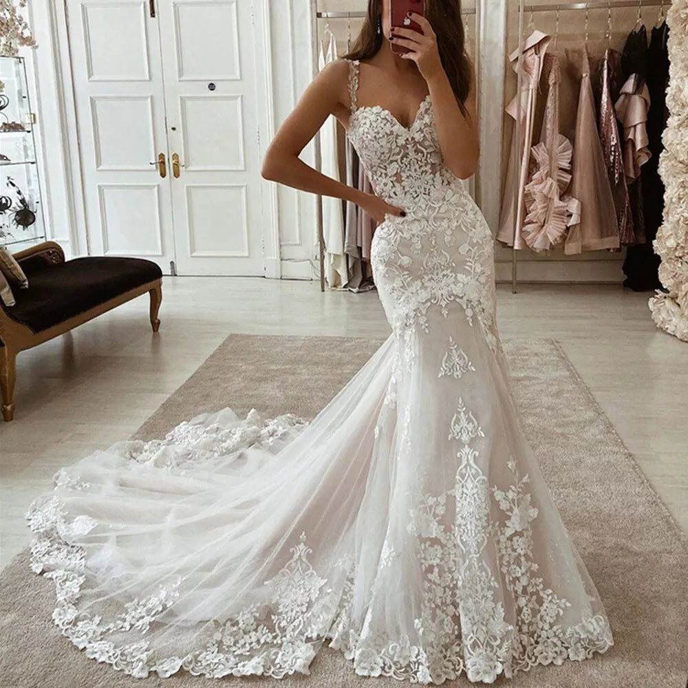 Lace Mermaid Long Wedding Dress For Bride To Be Spaghetti Straps Sweetheart Bride Dresses Court Train Vestidos De Novia