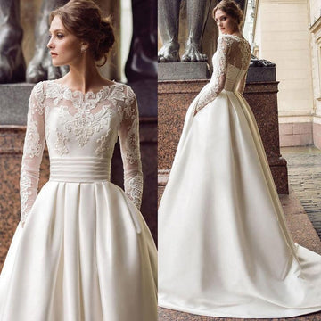 Luxury Wedding Dresses for Women Long Sleeves O-neck A-line Bridal Gowns Lace Satin Court Train Custom Made Vestidos De Novia