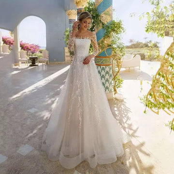 Exquisite Lace Tulle A Line Wedding Dresses O Neck Long Sleeve Bridal Gowns Morden Embroidery Button Pleat Vestido de Novia