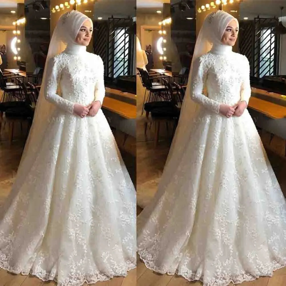 Muslim Wedding Dress O Neck White Long Sleeve Lace vestidos de noiva Plus Size Vintage Button Bcak Simple trouwjurk Custom