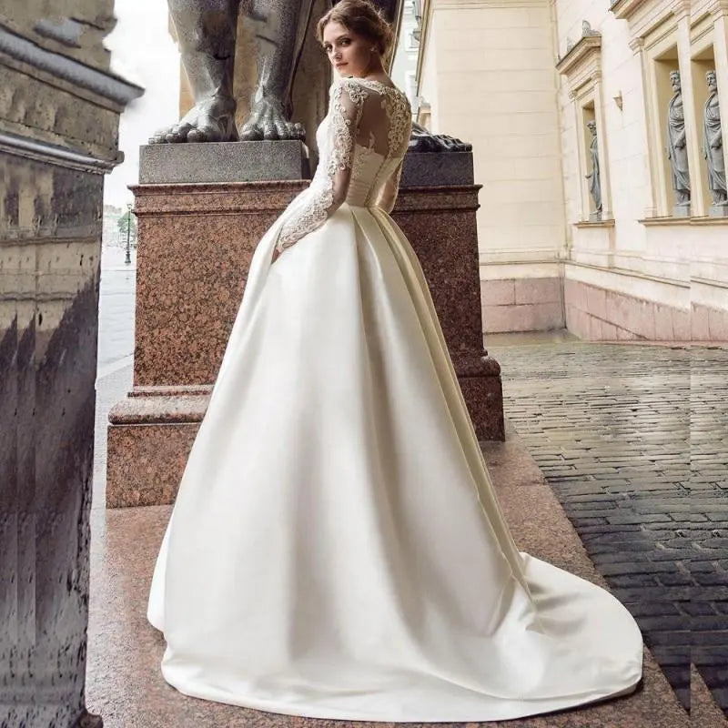 Luxury Wedding Dresses for Women Long Sleeves O-neck A-line Bridal Gowns Lace Satin Court Train Custom Made Vestidos De Novia