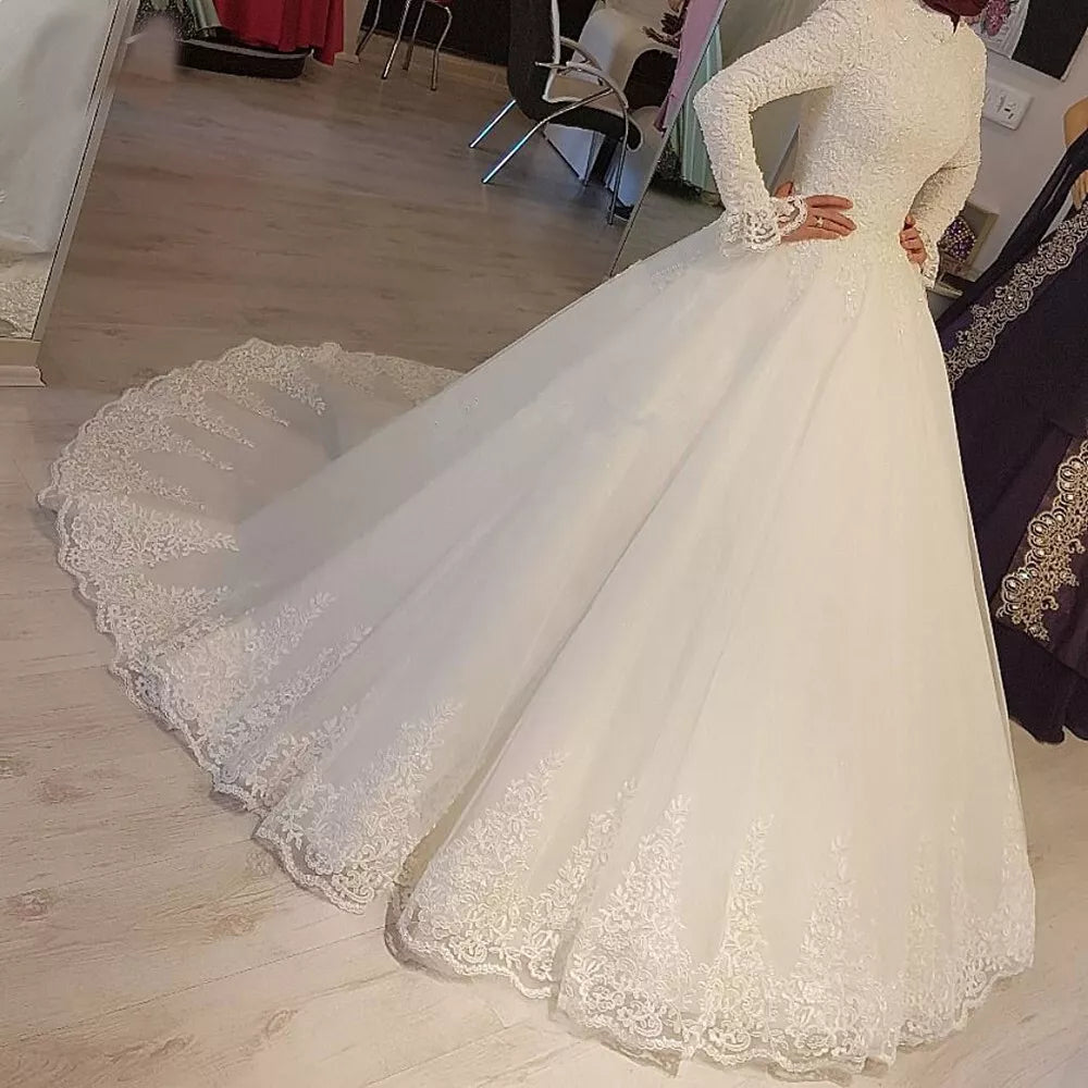 Dubai Arabic Muslim Lace Wedding Dresses Vestidos De Novia Full Sleeves Ball Gown Bride Dress High Collar Robe De Mariage