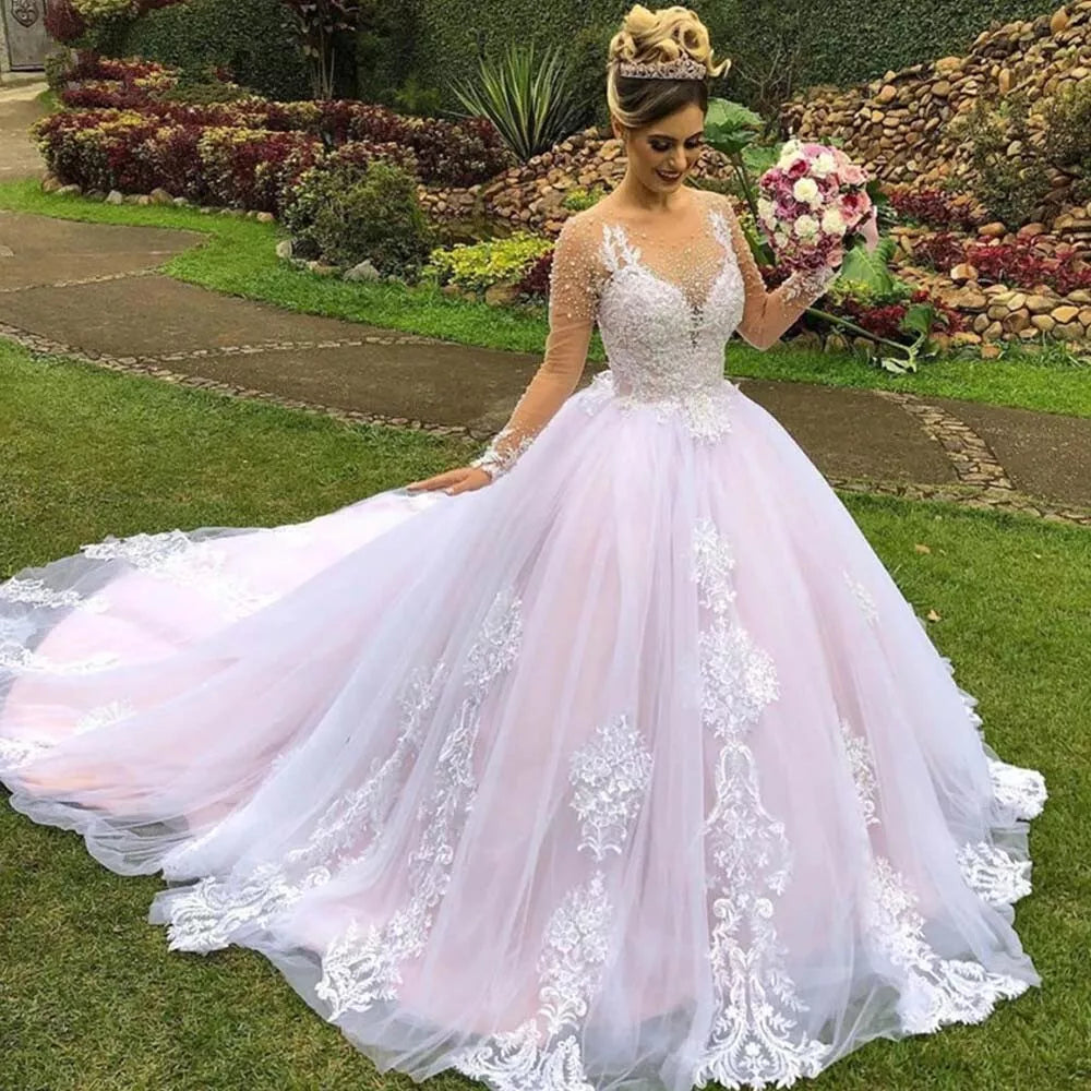 Princess Pink Wedding Dresses robe de mariage Lace Applique Pearls Sheer Neck Long Sleeves Garden Bridal Gowns 14W