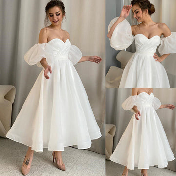 Short Wedding Gown Sweetheart Pleats Detachable Puff Sleeve Organza Bride Dresses SiFor Women Elegant Customize To Measures