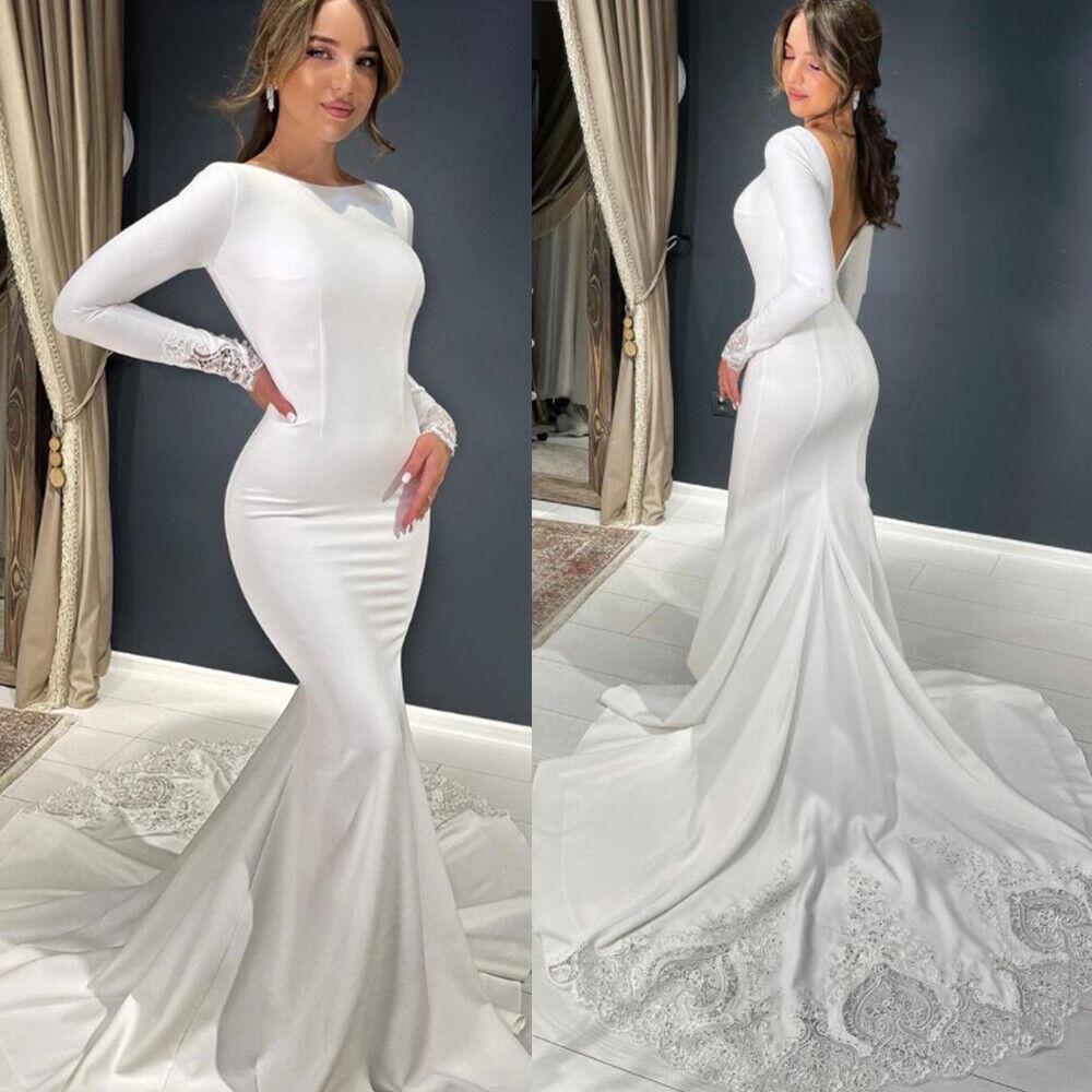 Luxurious Sexy Mermaid Satin Backless Mopping The Floor Wedding Dresses Long Sleeves Bridal Dresses Custom Made Robe Customize