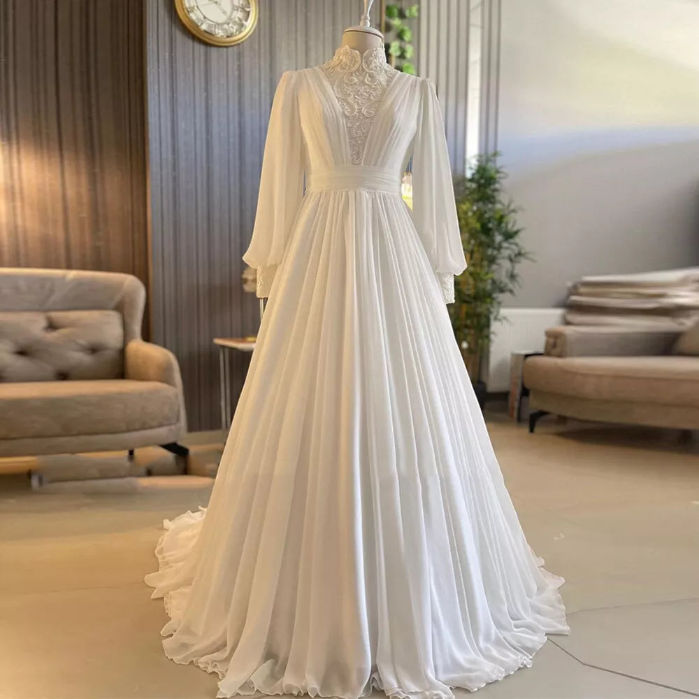 Elegant A-Line Chiffon Muslim Wedding Dresses High Neck Lace Ivory Bridal Gowns for Bride Long Sleeves Robe De Mariée