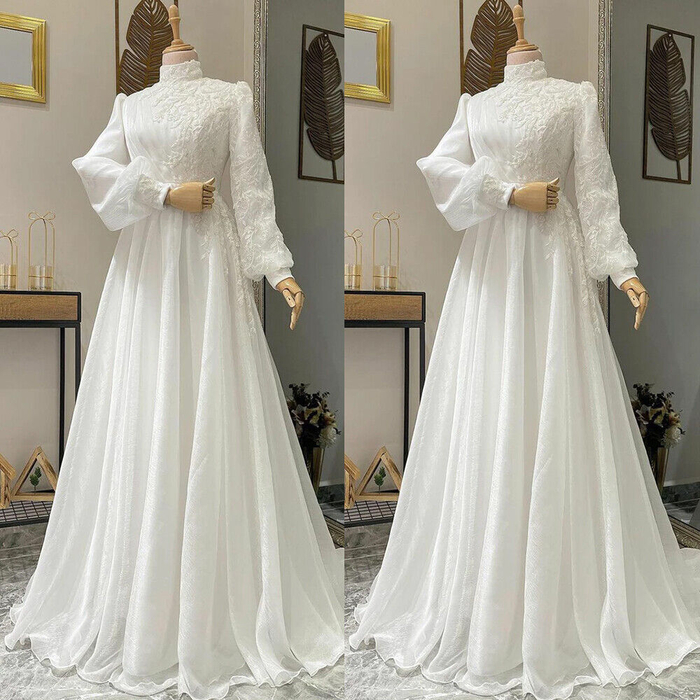 Long Sleeves Muslim Wedding Gowns A-line Embroidery Tulle High Neck Beads Lace Bridal Dress Plus Size Robe De Mariée