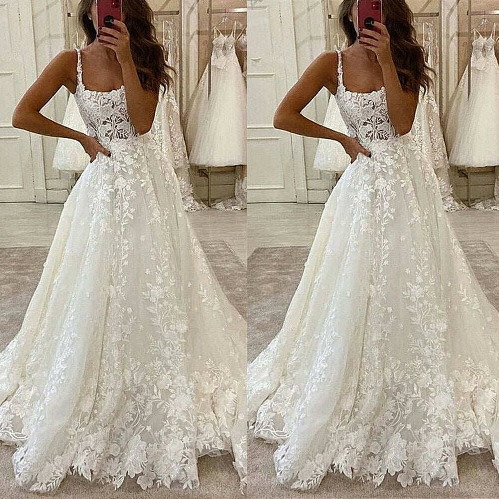 Princess Wedding Dresses Lace Appliques Beach Bridal Gowns Boat Neck Spaghetti Straps Boho Country Wedding Gown Open Back