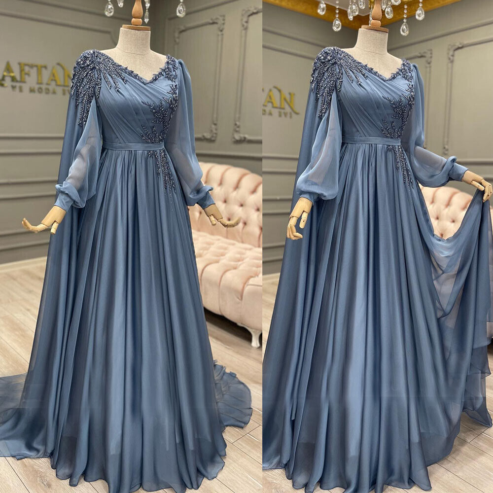 Dusty Blue Long Sleeve Muslim Evening Gowns New Prom Beaded Lace A Line Chiffon Elegant Arabic Women Formal Party Dress