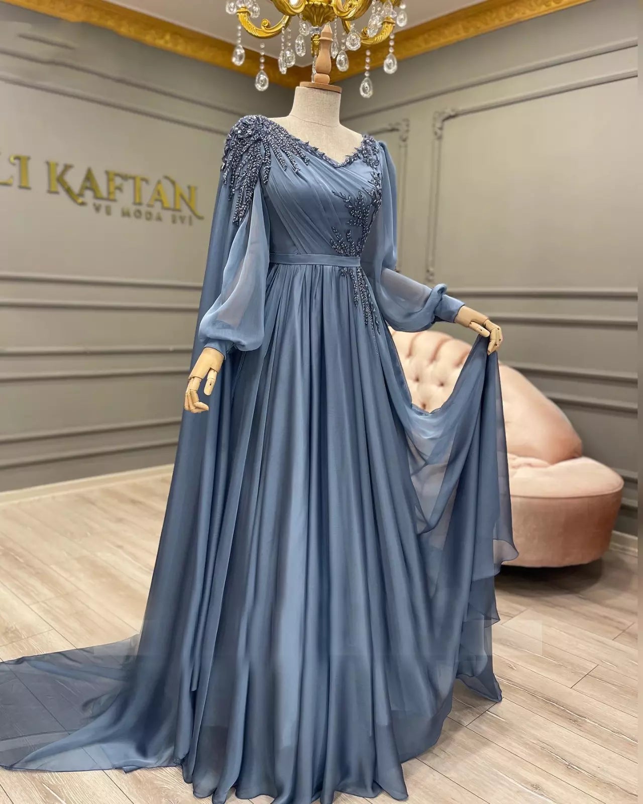 Dusty Blue Long Sleeve Muslim Evening Gowns New Prom Beaded Lace A Line Chiffon Elegant Arabic Women Formal Party Dress