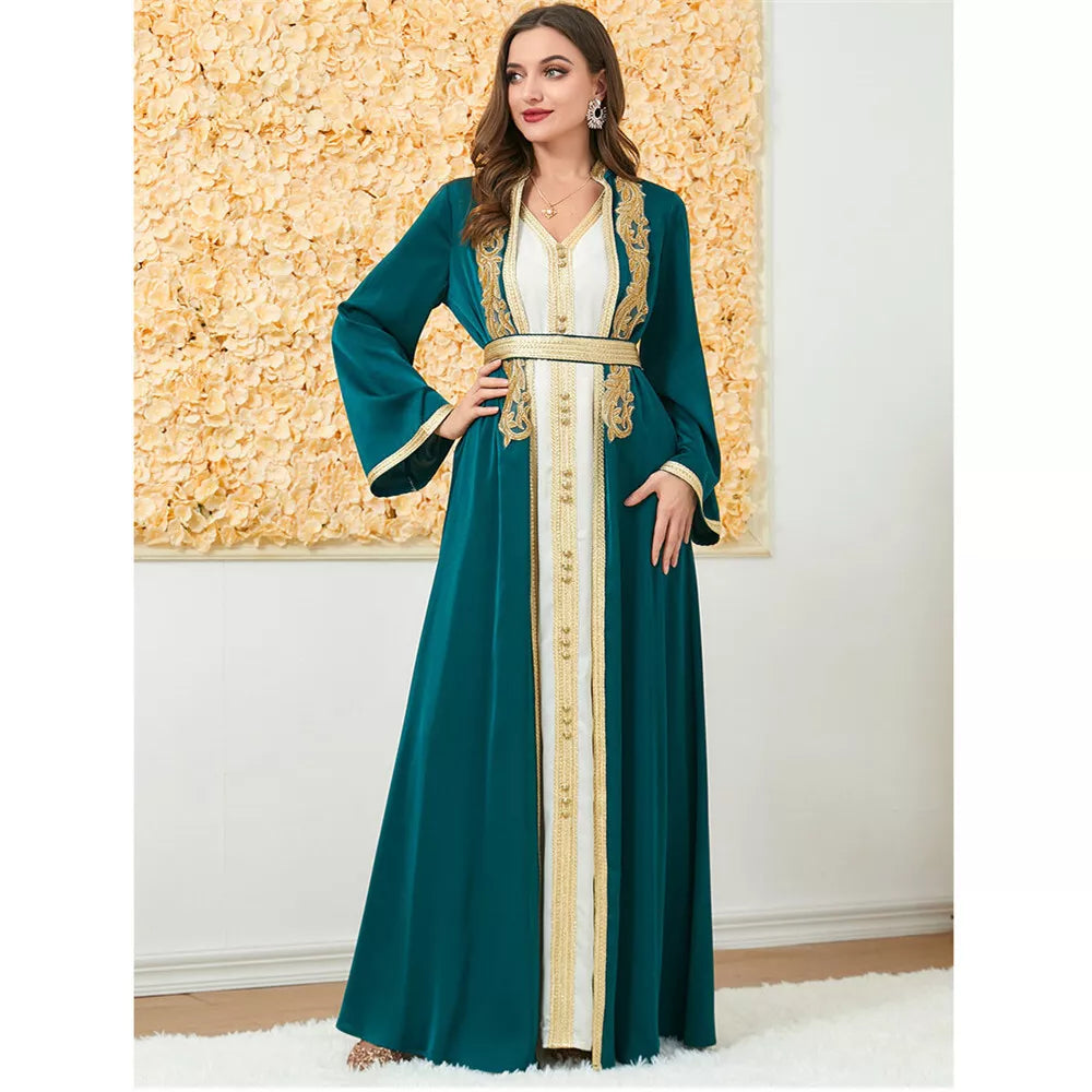 Muslim Fashion Two Piece Jilbab Robe Appliques Winter Abaya And Vest Long Dress Overgarments Islamic Women Moroccan Caftan