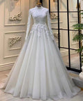 Elegant Lace Long Sleeve Muslim Wedding Dress for Bride High Neck Appliques A Line Bridal Gown Robe De Soirée De Mariage