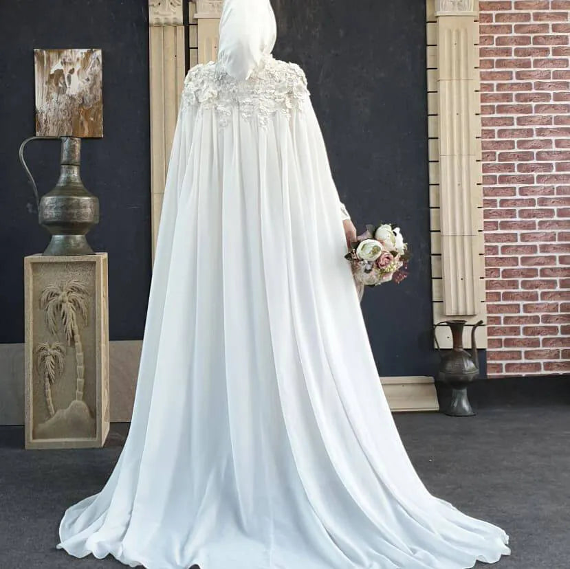 Muslim Robe De Mariée Wedding Dresses for Women A-Line Chiffon High Neck Lace Flowers Dubai Arabic Bridal Gowns with Hijab