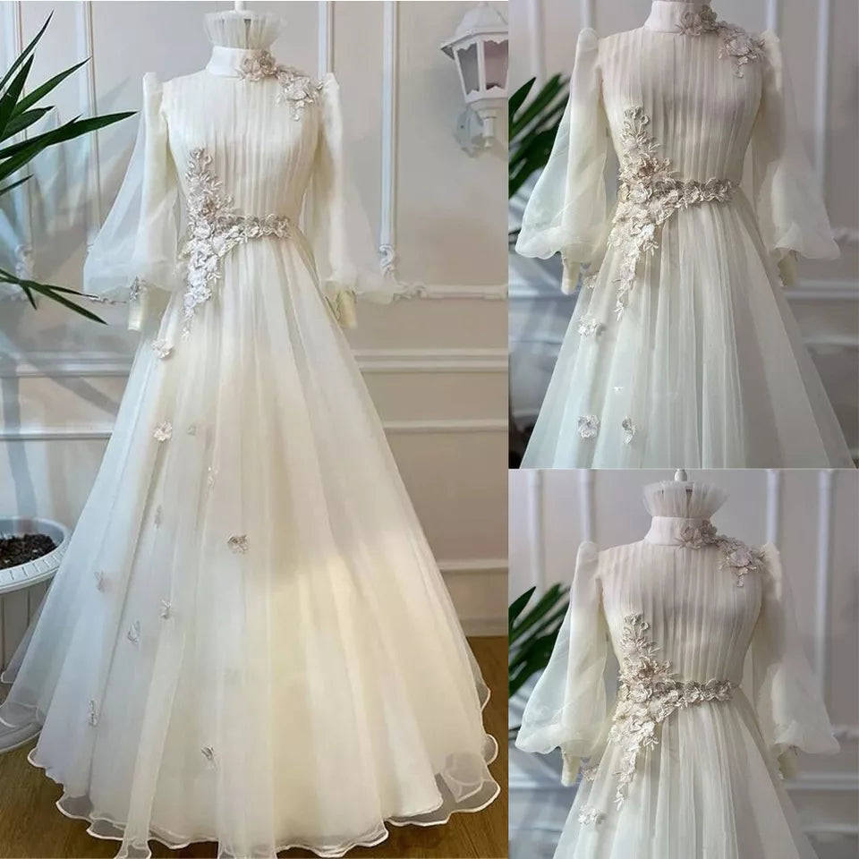 Princess Ivory 3D Flowers Wedding Gown High Neck Long Sleeves Bridal Dresses for Bride A-Line Tulle Abito da Sposa