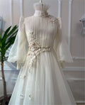 Princess Ivory 3D Flowers Wedding Gown High Neck Long Sleeves Bridal Dresses for Bride A-Line Tulle Abito da Sposa