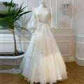 Princess Ivory 3D Flowers Wedding Gown High Neck Long Sleeves Bridal Dresses for Bride A-Line Tulle Abito da Sposa