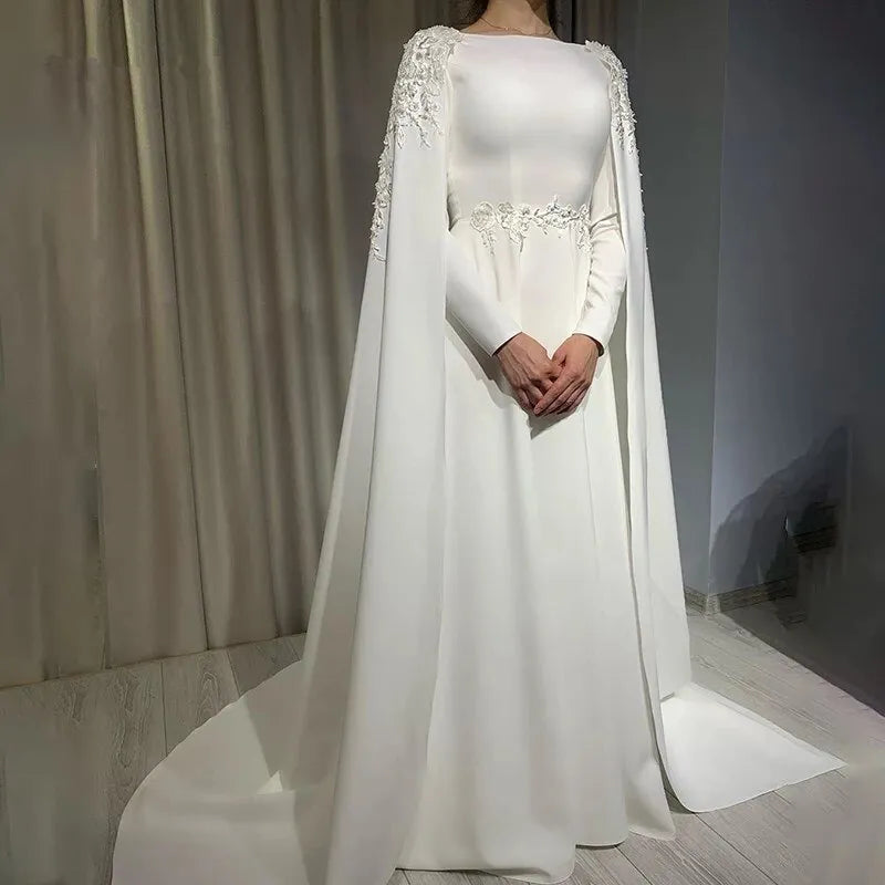 Plus Size Muslim Wedding Dress With Cape A Line Long Sleeves Satin Arabic Dubai Bride Gowns Lace Beaded Vestido De Novia