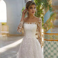 Exquisite Lace Tulle A Line Wedding Dresses O Neck Long Sleeve Bridal Gowns Morden Embroidery Button Pleat Vestido de Novia