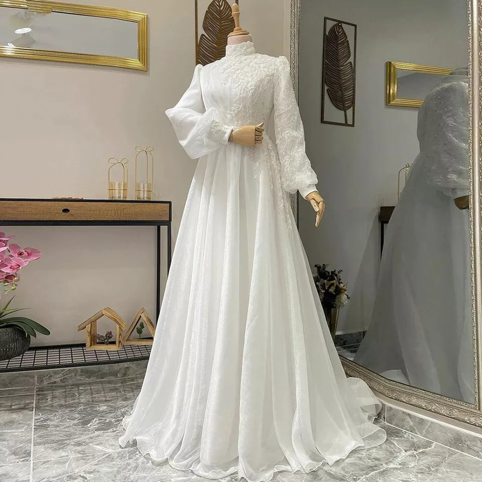 Long Sleeves Muslim Wedding Gowns A-line Embroidery Tulle High Neck Beads Lace Bridal Dress Plus Size Robe De Mariée