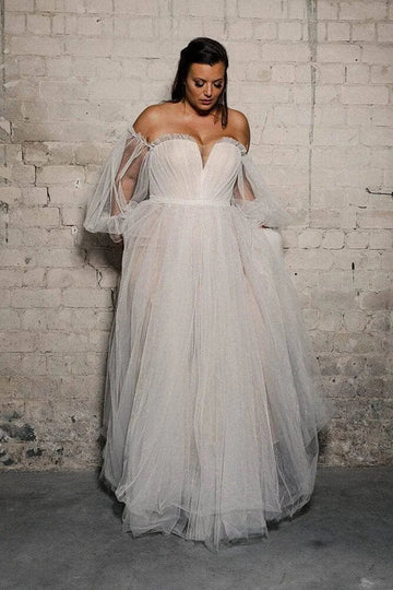 Plus Size Wedding Dress Beach Style A-line Bride Dresses With Long Puff Sleeves Sweep Train Bridal Gown Vestidos De Novia