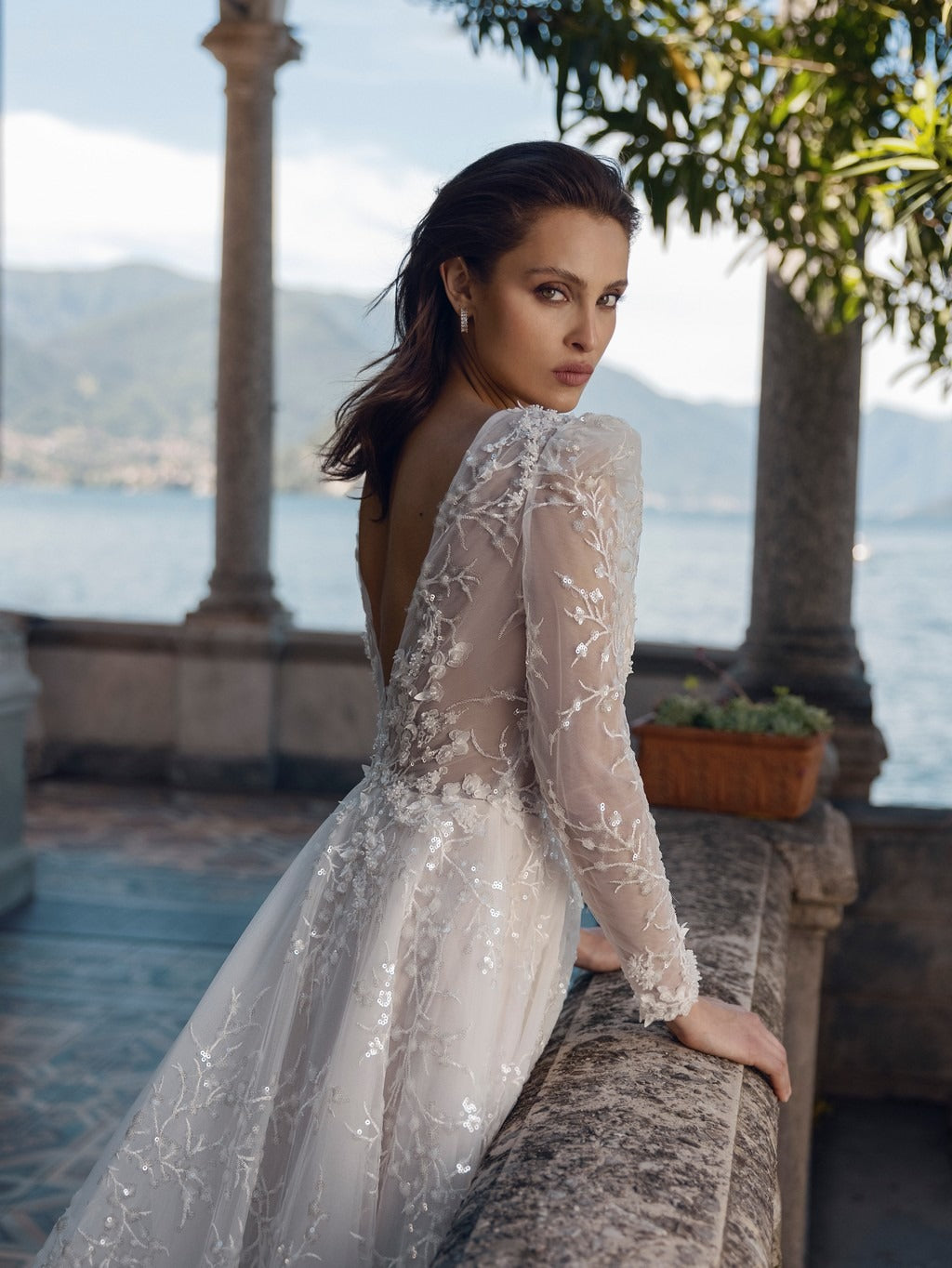 SAROULU Sparkle Appliques Wedding Dress with Long Sleeves Deep V Neck A Line Bridal Gown Illusion Open Back Bride Dress