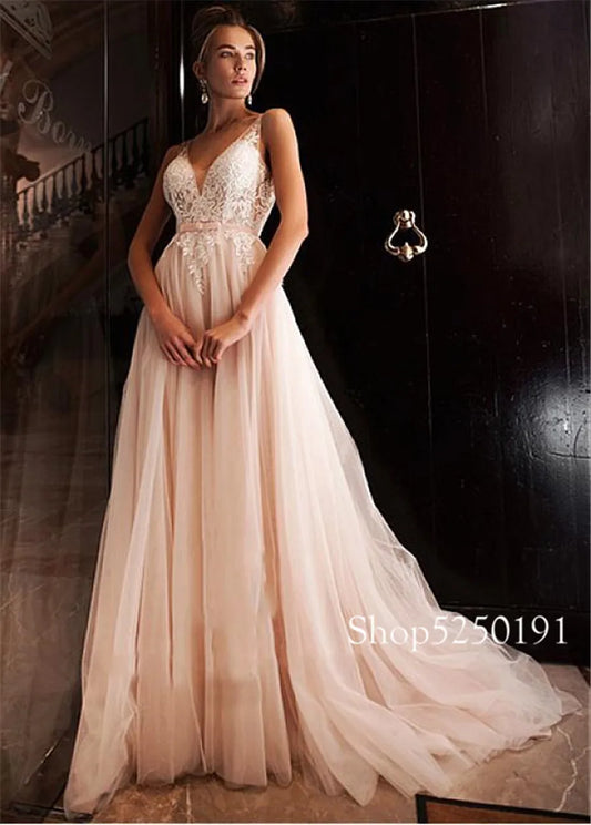 Stunning Tulle V-neck Neckline A-line Wedding Dresses Open Back Champagne Bridal Dress  robe de mariee princesse de luxe