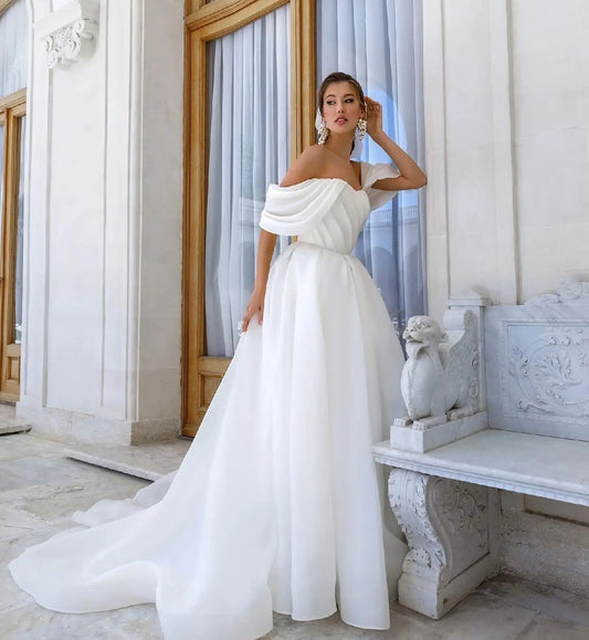 Elegant Off The Shoulder Organza Wedding Dresses Short Sleeves Boho Princess Bridal Gowns A-Line Simple Beach Vestidos Novia